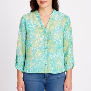 RUBY RD Petite Sheer Floral Button Front Blouse Green Blue White 6P